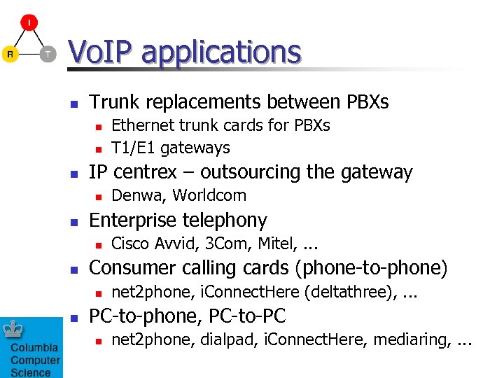 Vo. IP applications n Trunk replacements between PBXs n n n IP centrex –