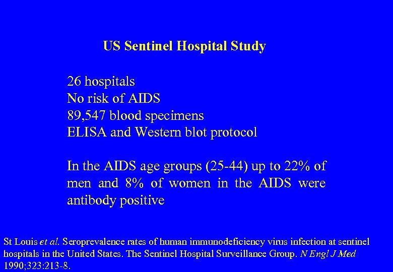 US Sentinel Hospital Study 26 hospitals No risk of AIDS 89, 547 blood specimens