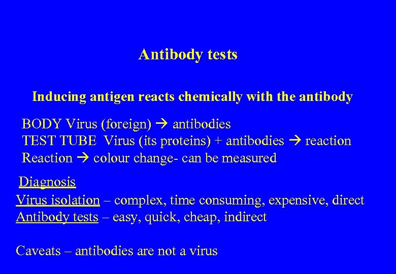 Antibody tests Inducing antigen reacts chemically with the antibody BODY Virus (foreign) antibodies TEST