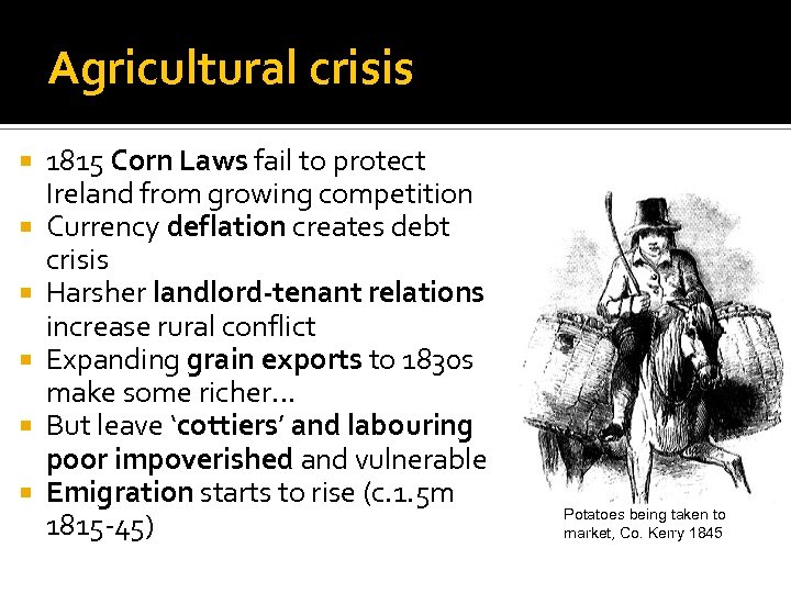 Agricultural crisis 1815 Corn Laws fail to protect Ireland from growing competition Currency deflation