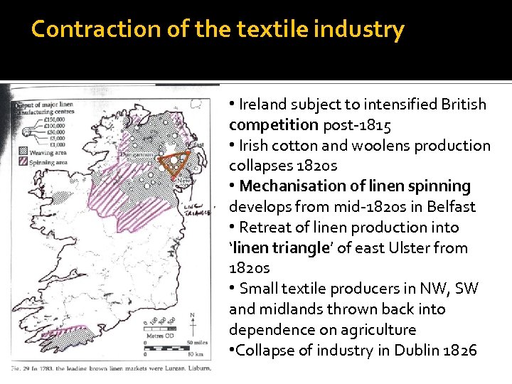 Contraction of the textile industry • Ireland subject to intensified British competition post-1815 •