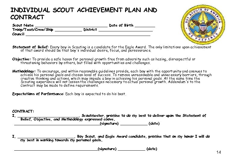INDIVIDUAL SCOUT ACHIEVEMENT PLAN AND CONTRACT Scout Name ________________ Date of Birth _____ Troop/Team/Crew/Ship