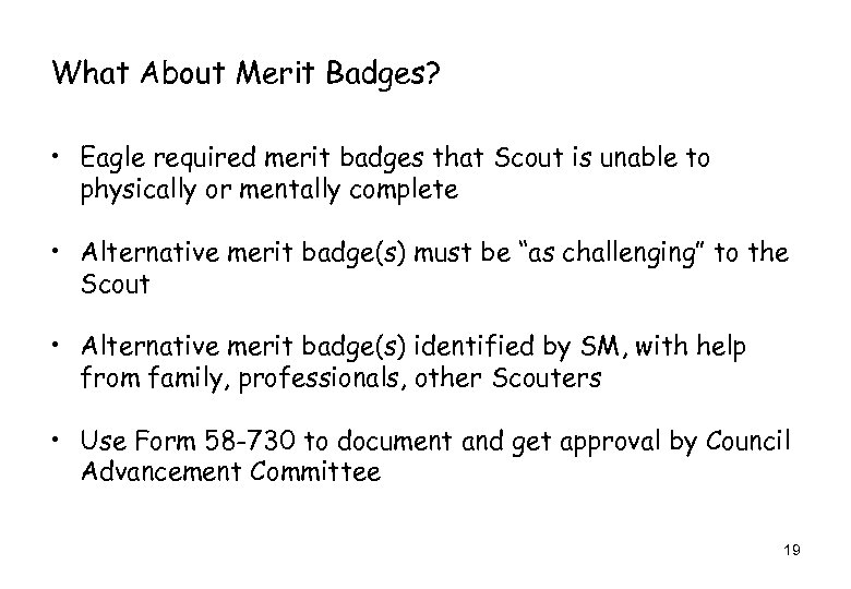 What About Merit Badges? • Eagle required merit badges that Scout is unable to