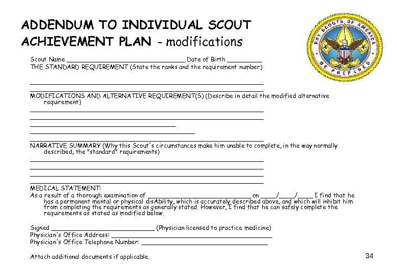ADDENDUM TO INDIVIDUAL SCOUT ACHIEVEMENT PLAN - modifications Scout Name ________________ Date of Birth