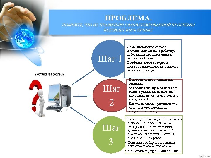 ПРОБЛЕМА. ПОМНИТЕ, ЧТО ИЗ ПРАВИЛЬНО СФОРМУЛИРОВАННОЙ ПРОБЛЕМЫ ВЫТЕКАЕТ ВЕСЬ ПРОЕКТ Шаг 1 Шаг 2