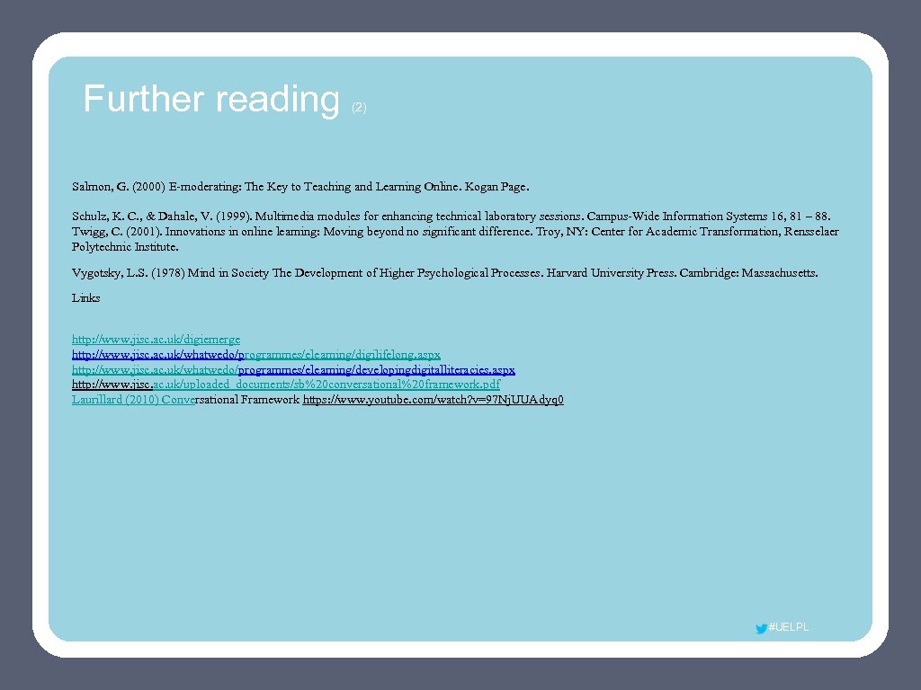 Further reading (2) Salmon, G. (2000) E-moderating: The Key to Teaching and Learning Online.