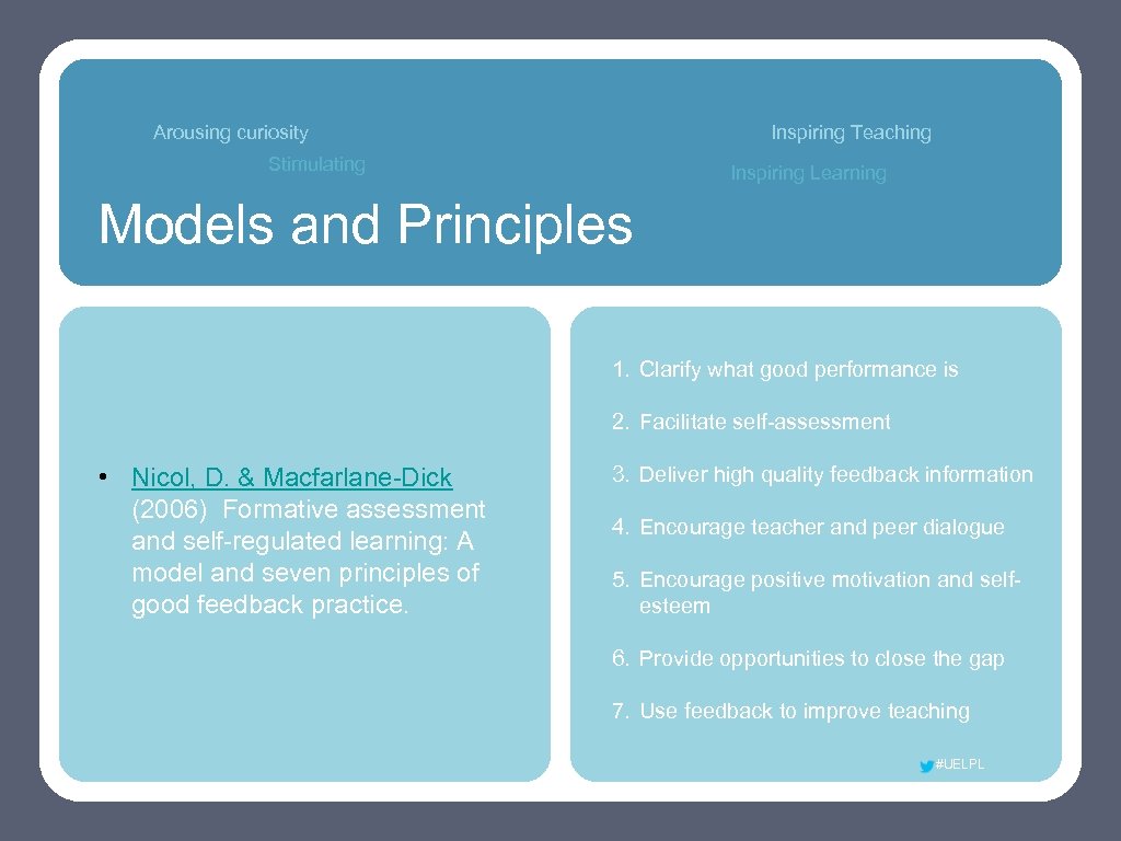 Arousing curiosity Inspiring Teaching Stimulating Inspiring Learning Models and Principles 1. Clarify what good