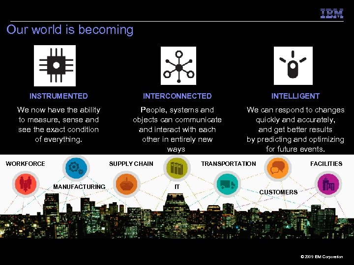 Our world is becoming INSTRUMENTED INTERCONNECTED INTELLIGENT We now have the ability to measure,