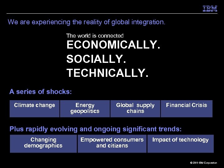 We are experiencing the reality of global integration. The world is connected ECONOMICALLY. SOCIALLY.