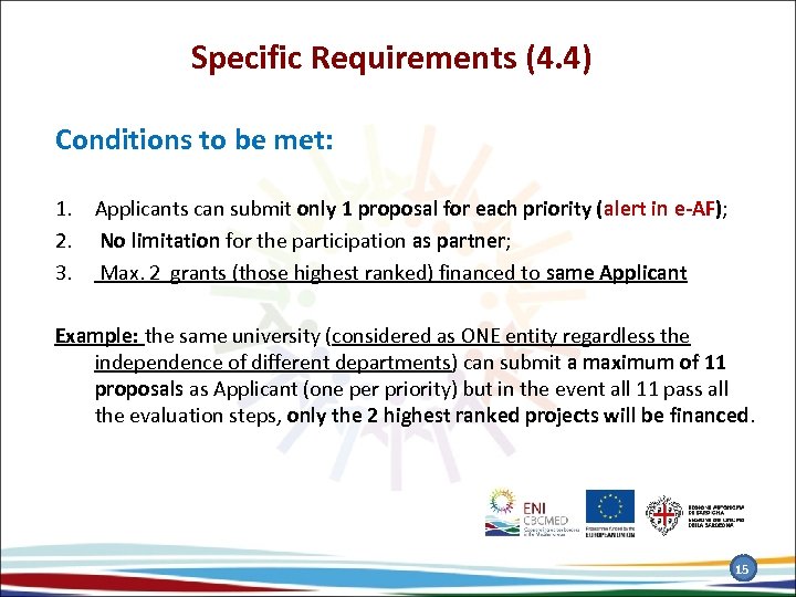 Specific Requirements (4. 4) Conditions to be met: 1. Applicants can submit only 1