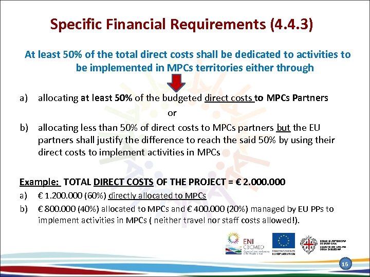 Specific Financial Requirements (4. 4. 3) At least 50% of the total direct costs