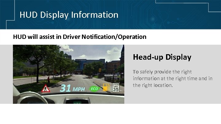 HUD Display Information HUD will assist in Driver Notification/Operation Head-up Display To safely provide