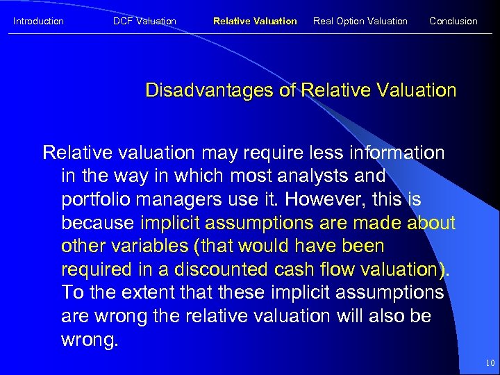 Introduction DCF Valuation Relative Valuation Real Option Valuation Conclusion Disadvantages of Relative Valuation Relative