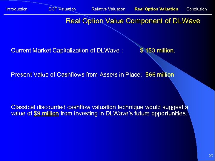 Introduction DCF Valuation Relative Valuation Real Option Valuation Conclusion Real Option Value Component of