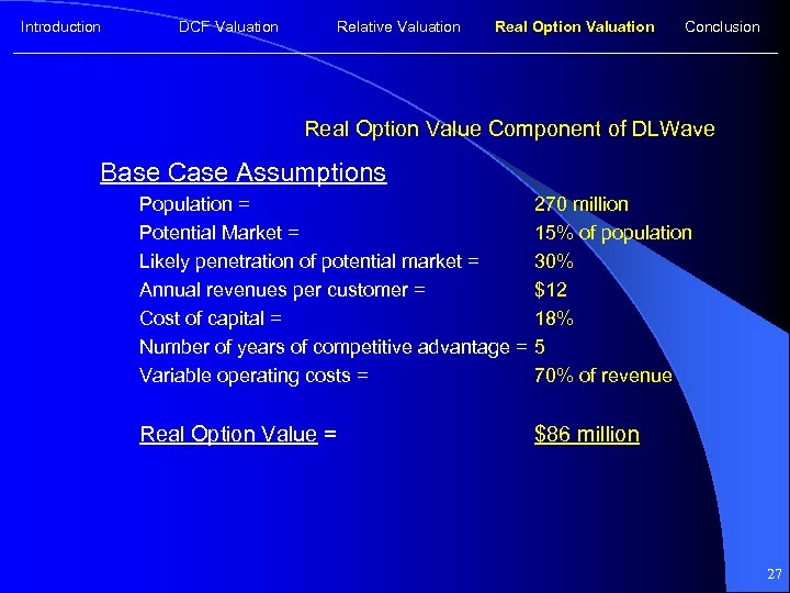 Introduction DCF Valuation Relative Valuation Real Option Valuation Conclusion Real Option Value Component of