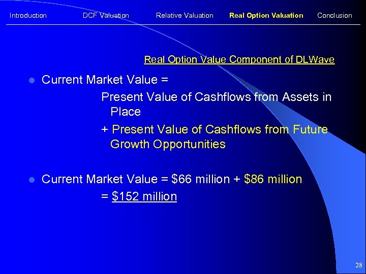 Introduction DCF Valuation Relative Valuation Real Option Valuation Conclusion Real Option Value Component of