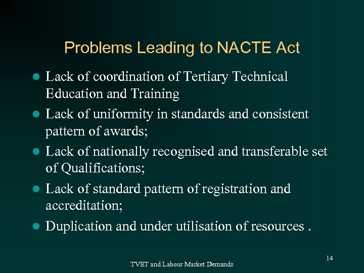 Problems Leading to NACTE Act l l l Lack of coordination of Tertiary Technical