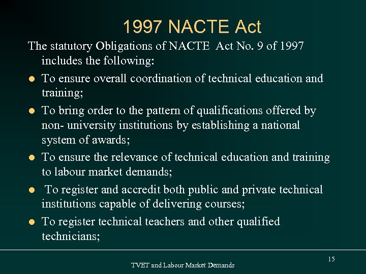 1997 NACTE Act The statutory Obligations of NACTE Act No. 9 of 1997 includes