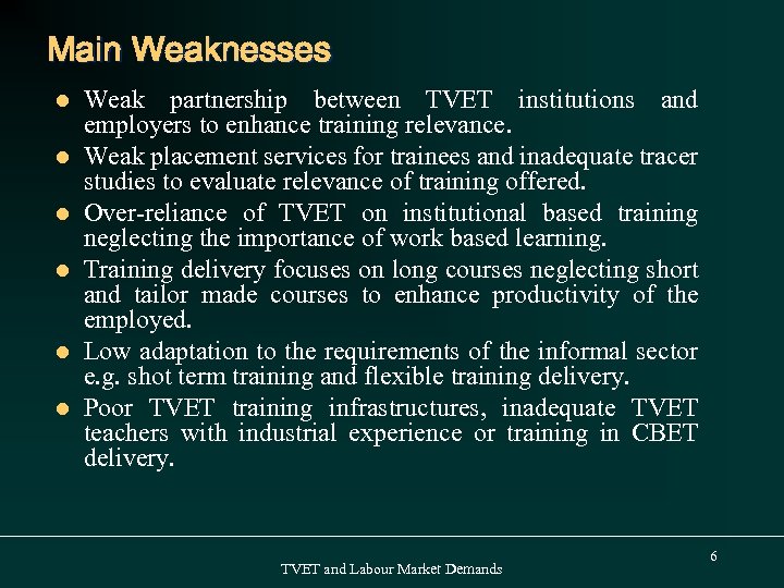 Main Weaknesses l l l Weak partnership between TVET institutions and employers to enhance