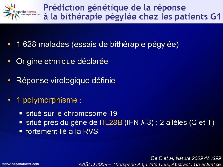 Prédiction génétique de la réponse à la bithérapie pégylée chez les patients G 1