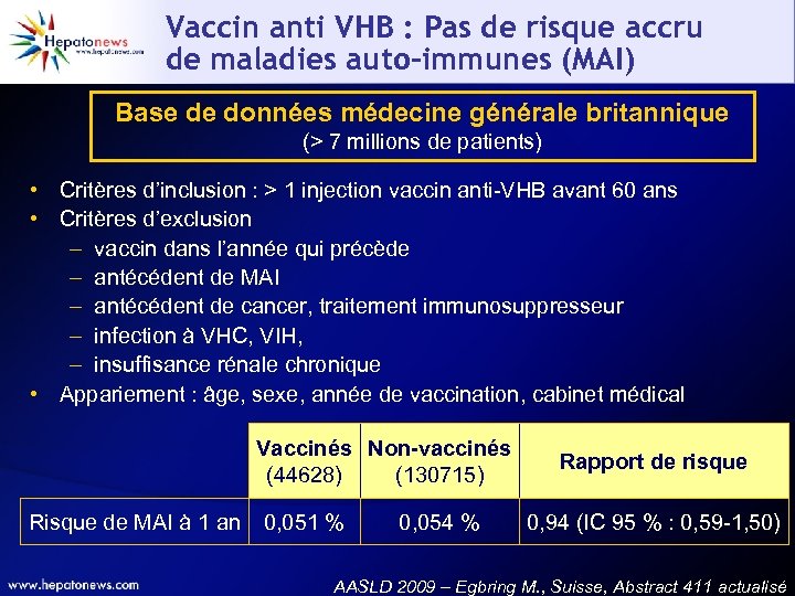 Vaccin anti VHB : Pas de risque accru de maladies auto-immunes (MAI) Base de