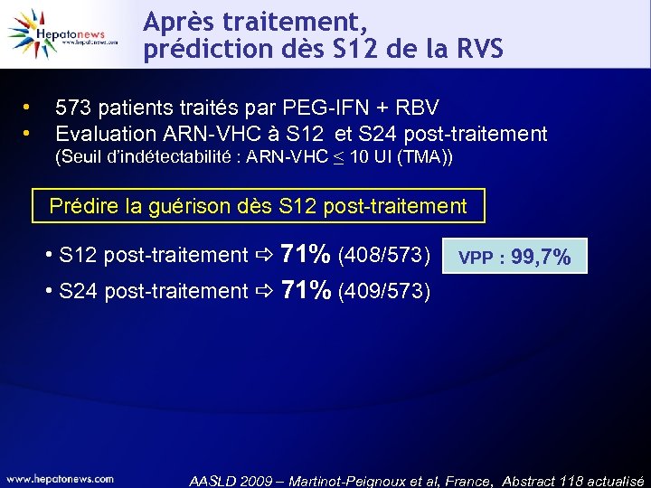 Après traitement, prédiction dès S 12 de la RVS • • 573 patients traités