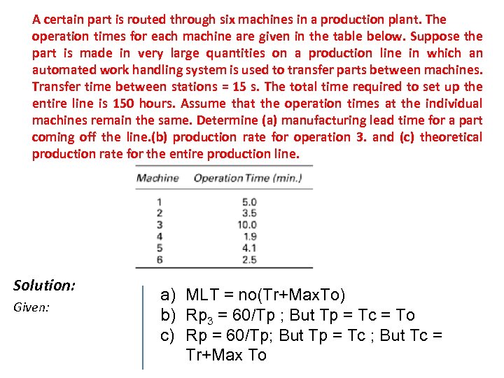 A certain part is routed through six machines in a production plant. The operation