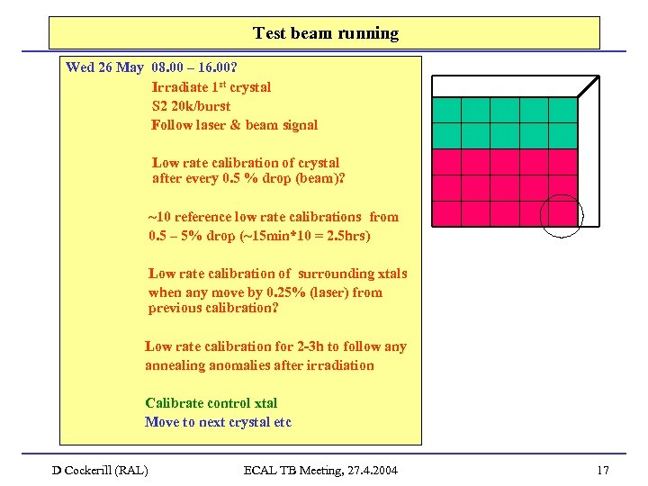  Test beam running Wed 26 May 08. 00 – 16. 00? Irradiate 1