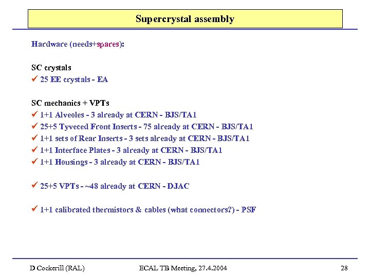 Supercrystal assembly Hardware (needs+spares): SC crystals 25 EE crystals - EA SC mechanics +