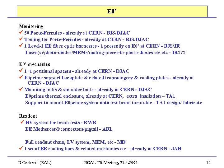 E 0’ Monitoring 50 Porte-Ferrules - already at CERN - BJS/DJAC Tooling for Porte-Ferrules