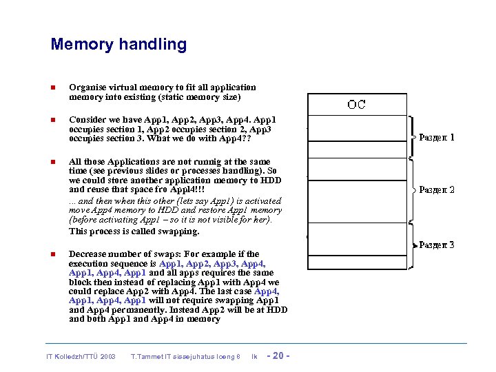 Memory handling Organise virtual memory to fit all application memory into existing (static memory