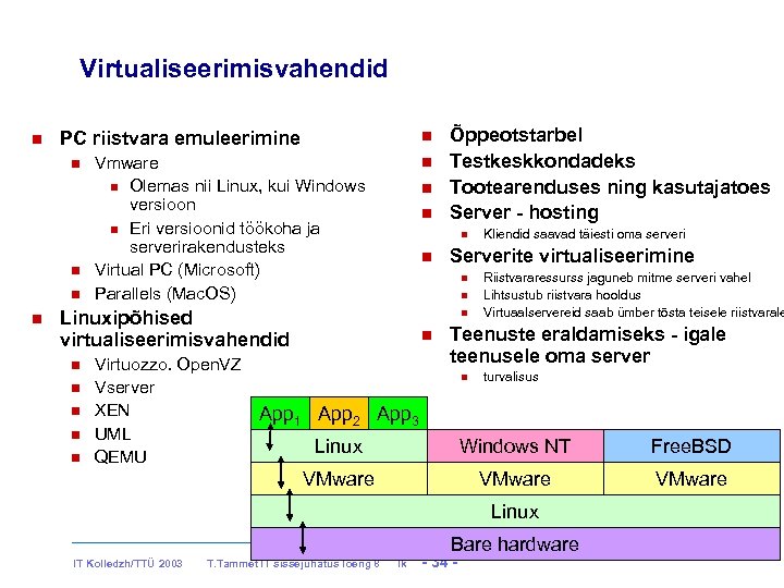 Virtualiseerimisvahendid PC riistvara emuleerimine Vmware Olemas nii Linux, kui Windows versioon Eri versioonid töökoha