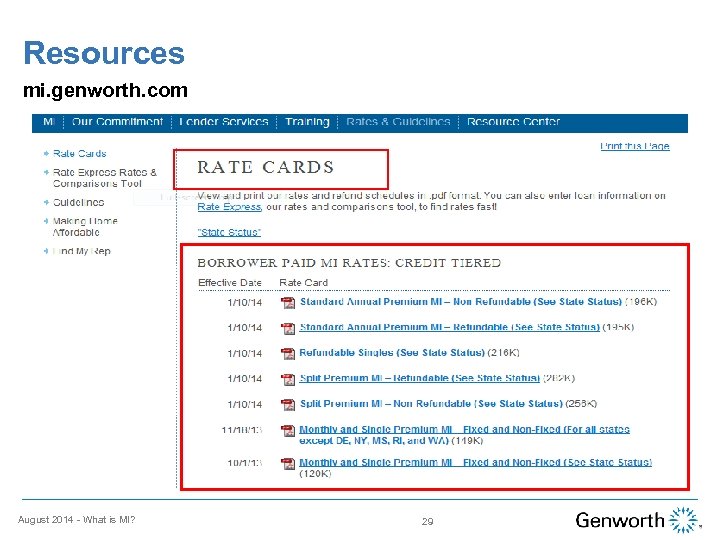 Resources mi. genworth. com August 2014 - What is MI? 29 