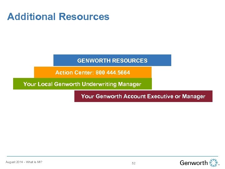 Additional Resources GENWORTH RESOURCES Action Center: 800 444. 5664 Your Local Genworth Underwriting Manager