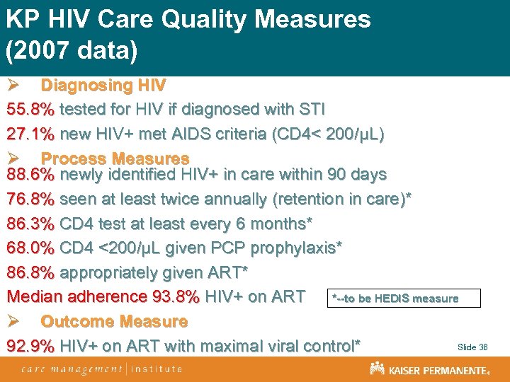 KP HIV Care Quality Measures (2007 data) Ø Diagnosing HIV 55. 8% tested for