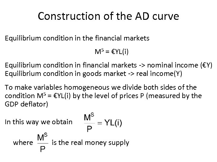 Construction of the AD curve Equilibrium condition in the financial markets MS = €YL(i)