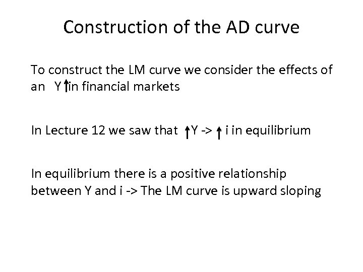 Construction of the AD curve To construct the LM curve we consider the effects