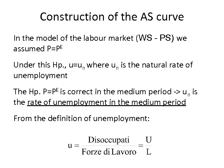 Construction of the AS curve In the model of the labour market (WS –