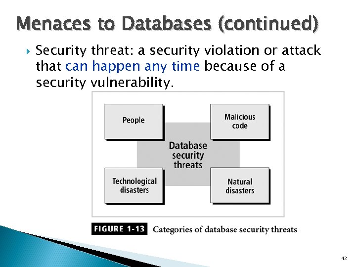 Menaces to Databases (continued) Security threat: a security violation or attack that can happen