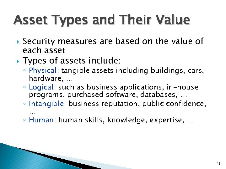 Asset Types and Their Value Security measures are based on the value of each