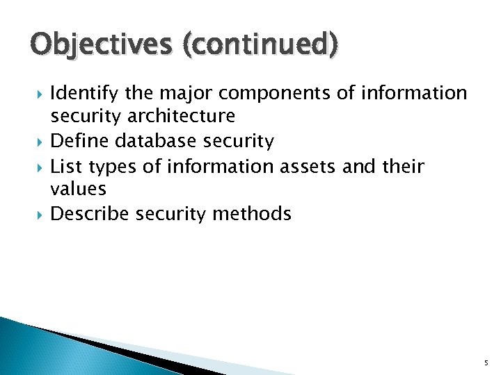 Objectives (continued) Identify the major components of information security architecture Define database security List