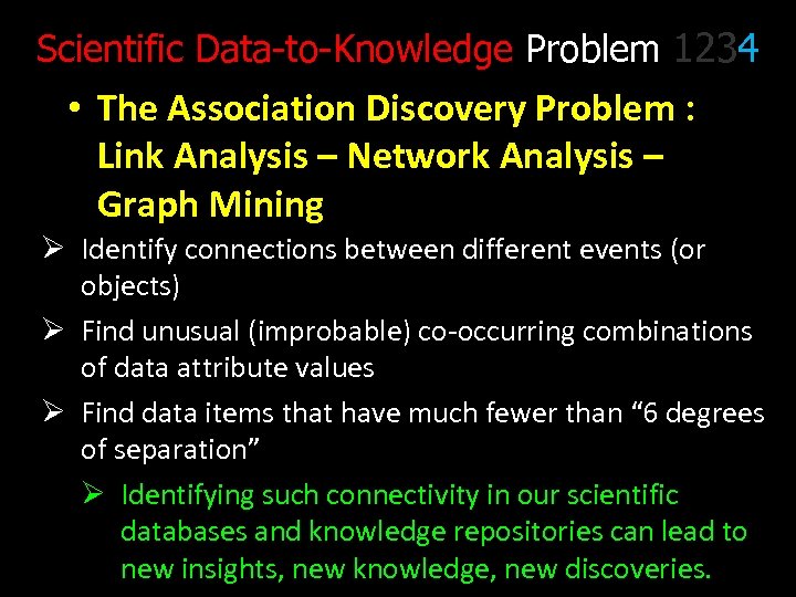 Scientific Data-to-Knowledge Problem 1234 • The Association Discovery Problem : Link Analysis – Network