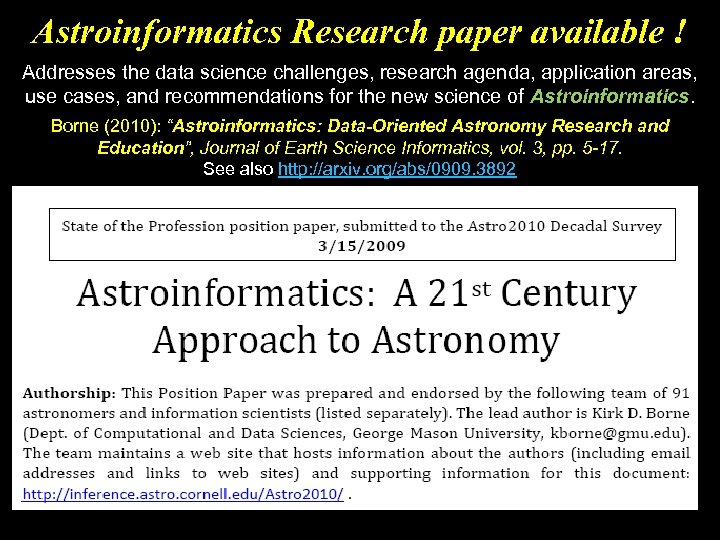 Astroinformatics Research paper available ! Addresses the data science challenges, research agenda, application areas,