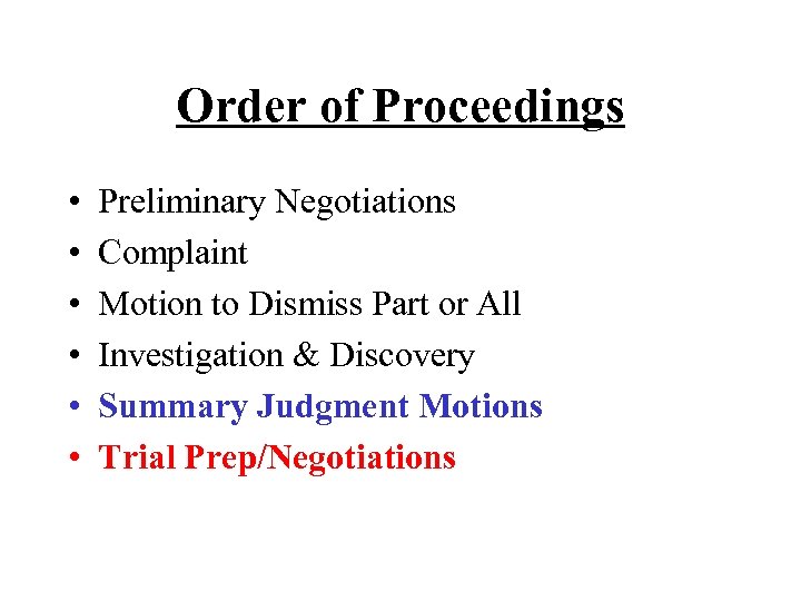 Order of Proceedings • • • Preliminary Negotiations Complaint Motion to Dismiss Part or