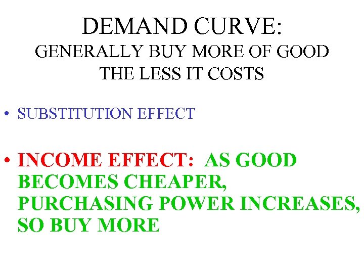 DEMAND CURVE: GENERALLY BUY MORE OF GOOD THE LESS IT COSTS • SUBSTITUTION EFFECT