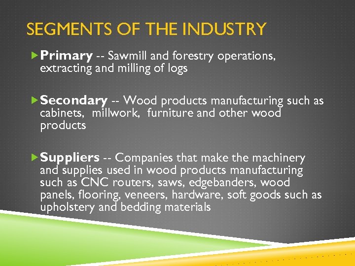SEGMENTS OF THE INDUSTRY Primary -- Sawmill and forestry operations, extracting and milling of