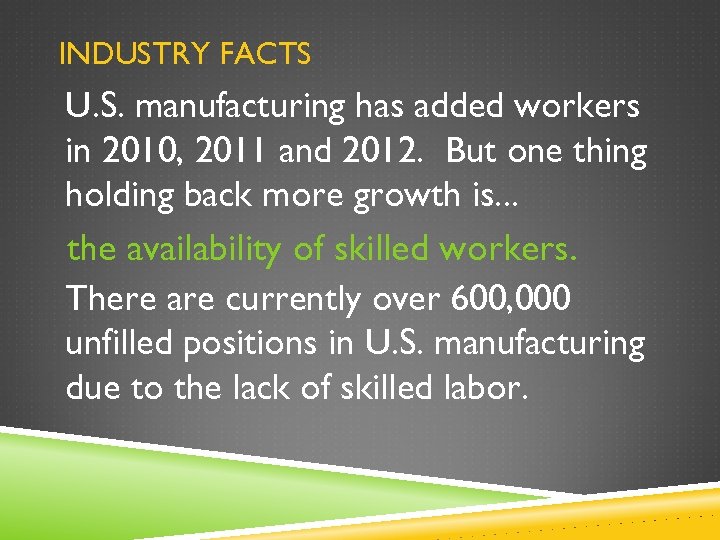 INDUSTRY FACTS U. S. manufacturing has added workers in 2010, 2011 and 2012. But