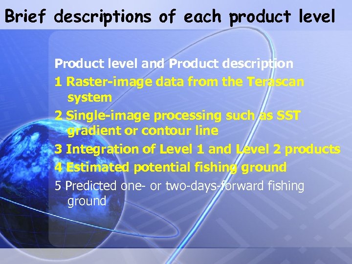Brief descriptions of each product level Product level and Product description 1 Raster-image data