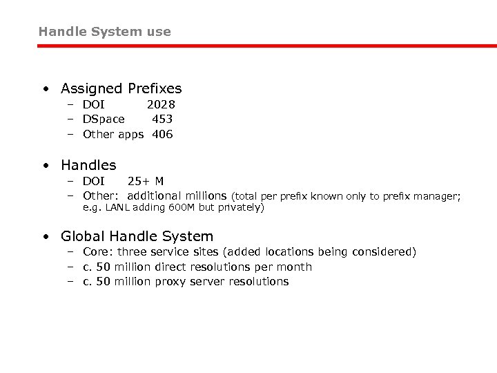 Handle System use • Assigned Prefixes – DOI 2028 – DSpace 453 – Other
