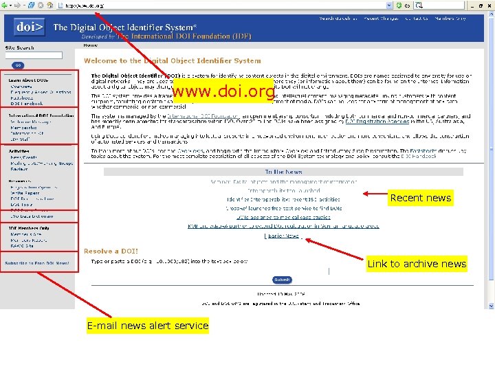 www. doi. org Recent news Link to archive news E-mail news alert service 